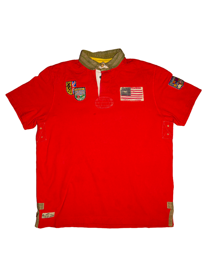 Polo Ralph Lauren Large Mountain Expedition Red Rugby Shirt Patches Flags Outdoor