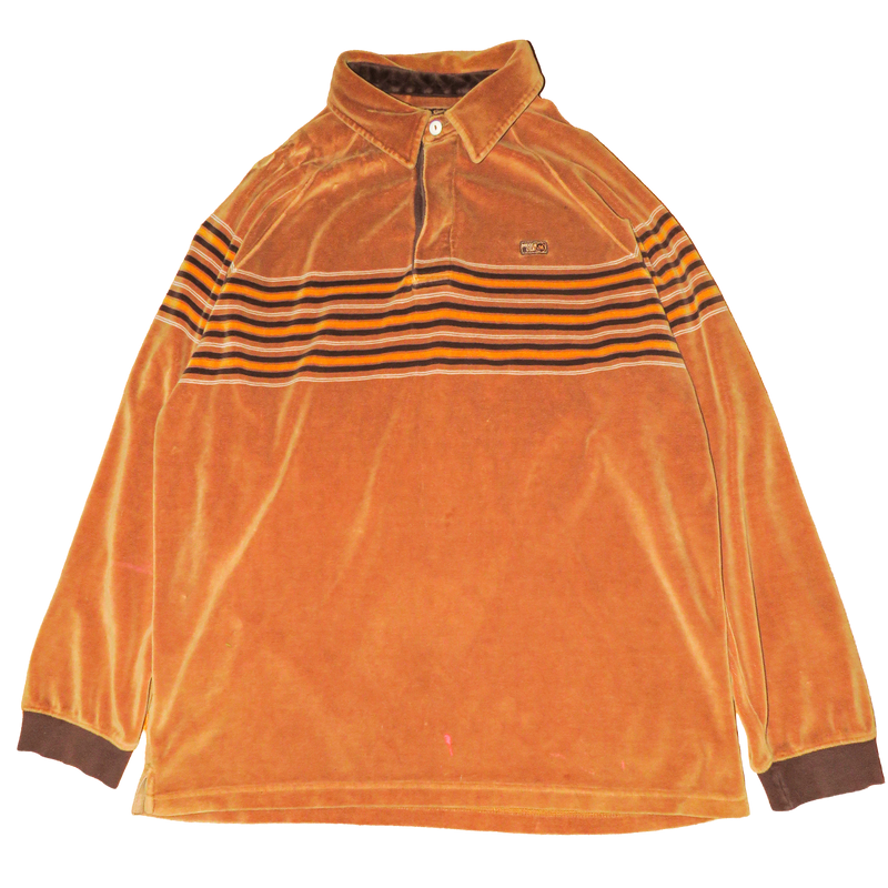 Vintage Mecca Y2K Velvet Velour Striped Brown Rugby Pullover Collared Shirt